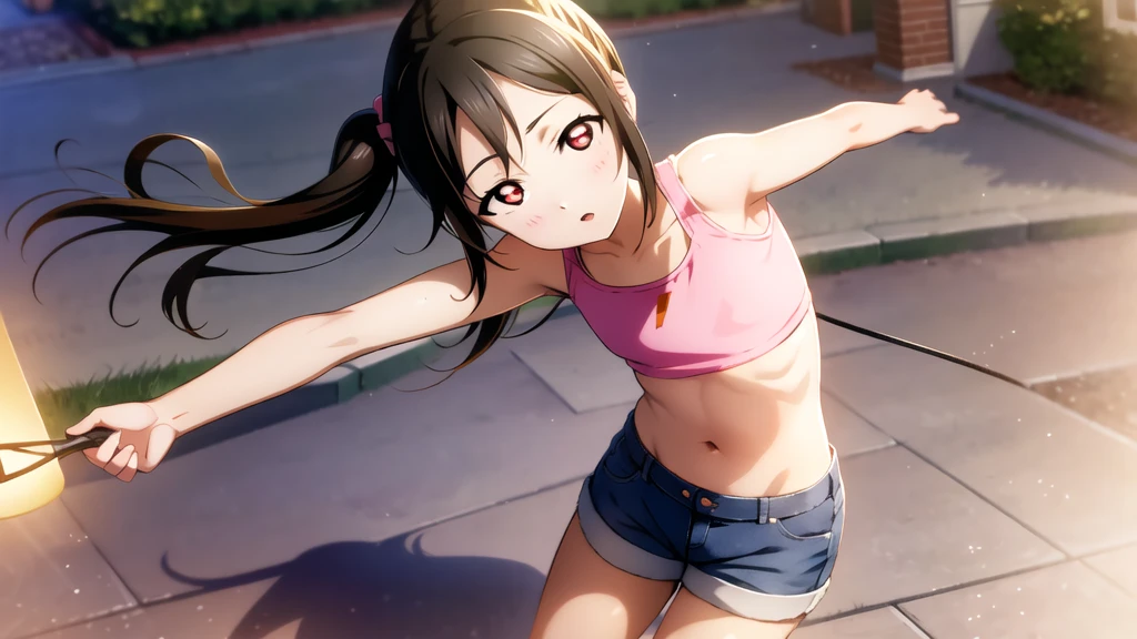 Yazawa nico, Twin tails,Red eyes,((Mid-chest, Tomboy, Small Head)), Dawn, sunlight, (Trained abdominal muscles : 1.1), (Perfect body : 1.1), (Short Wavy Hair : 1.2) , Auburn Hair, collar, Lock, Full Body Shot, Crowded street, Wearing a black tank top, Jeans jacket, ((Shorts)), (Highly detailed CG 8K wallpaper), (Very delicate and beautiful), (masterpiece), (Highest quality:1.0), (ultra High resolution:1.0),  Beautiful lighting ,Perfect Lightning, Realistic Shadows, [High resolution], Detailed skin, Super detailed