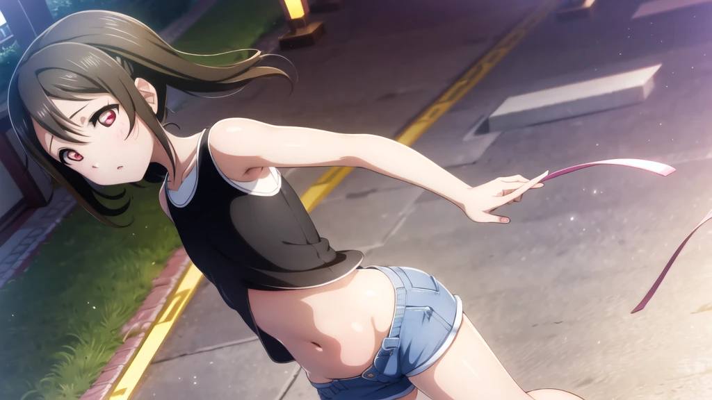 Yazawa nico, Twin tails,Red eyes,((Mid-chest, Tomboy, Small Head)), Dawn, sunlight, (Trained abdominal muscles : 1.1), (Perfect body : 1.1), (Short Wavy Hair : 1.2) , Auburn Hair, collar, Lock, Full Body Shot, Crowded street, Wearing a black tank top, Jeans jacket, ((Shorts)), (Highly detailed CG 8K wallpaper), (Very delicate and beautiful), (masterpiece), (Highest quality:1.0), (ultra High resolution:1.0),  Beautiful lighting ,Perfect Lightning, Realistic Shadows, [High resolution], Detailed skin, Super detailed