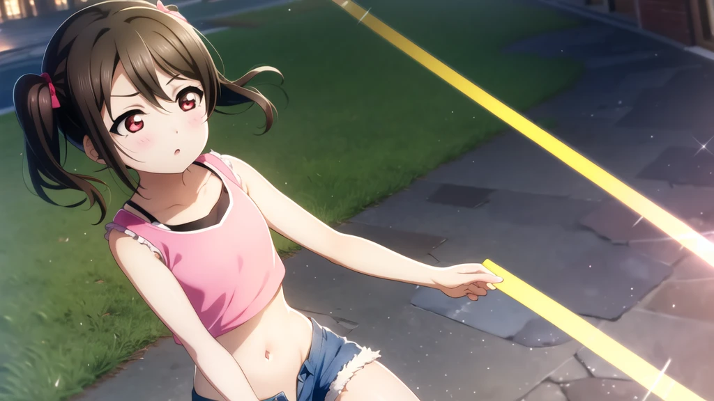 Yazawa nico, Twin tails,Red eyes,((Mid-chest, Tomboy, Small Head)), Dawn, sunlight, (Trained abdominal muscles : 1.1), (Perfect body : 1.1), (Short Wavy Hair : 1.2) , Auburn Hair, collar, Lock, Full Body Shot, Crowded street, Wearing a black tank top, Jeans jacket, ((Shorts)), (Highly detailed CG 8K wallpaper), (Very delicate and beautiful), (masterpiece), (Highest quality:1.0), (ultra High resolution:1.0),  Beautiful lighting ,Perfect Lightning, Realistic Shadows, [High resolution], Detailed skin, Super detailed