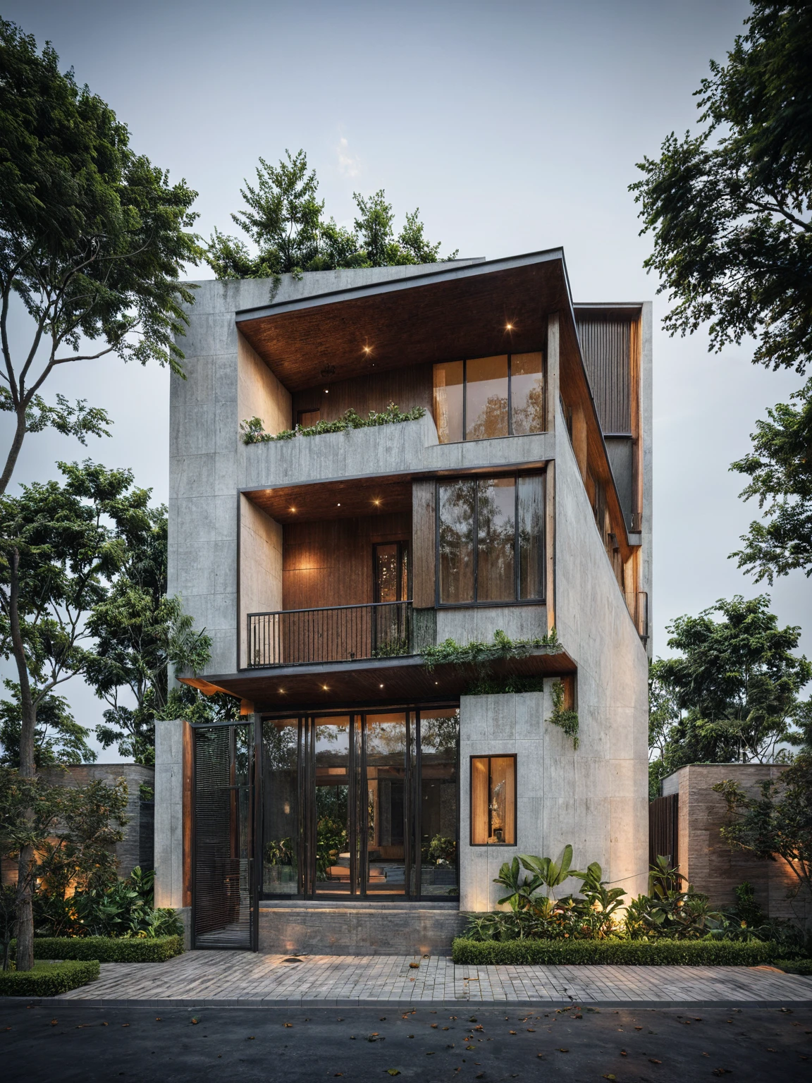 modern villa, modern style, traditional ventilation tiles, open space loft villa with roof garden, modern, dynamic (RAW photo, real, best quality, masterpiece:1.2), (hyper realistic, photo-realistic:1.2), high quality, (dark lighting:1.2), perfect lighting, archdaily, architecture digest award wining sustainable architecture, cinematic