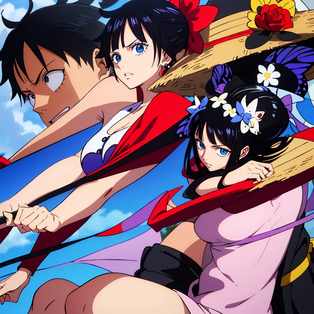 1girl, monkey d luffy, female, gender-bend, stawhat, solo, butterfly, bug, jewelry, earrings, black hair, straw_hat, long_hair, looking_at_viewer, bare_shoulders, parted_lips, upper_body, breasts, dress, from_side, shirt, bangs, black_ribbon, flower, blue_eyes, stud_earrings, eyelashes, blue_theme,