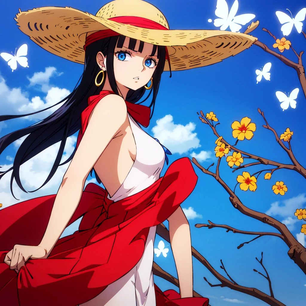 1girl, monkey d luffy, female, gender-bend, stawhat, solo, butterfly, bug, jewelry, earrings, black hair, straw_hat, long_hair, looking_at_viewer, bare_shoulders, parted_lips, upper_body, breasts, dress, from_side, shirt, bangs, black_ribbon, flower, blue_eyes, stud_earrings, eyelashes, blue_theme,