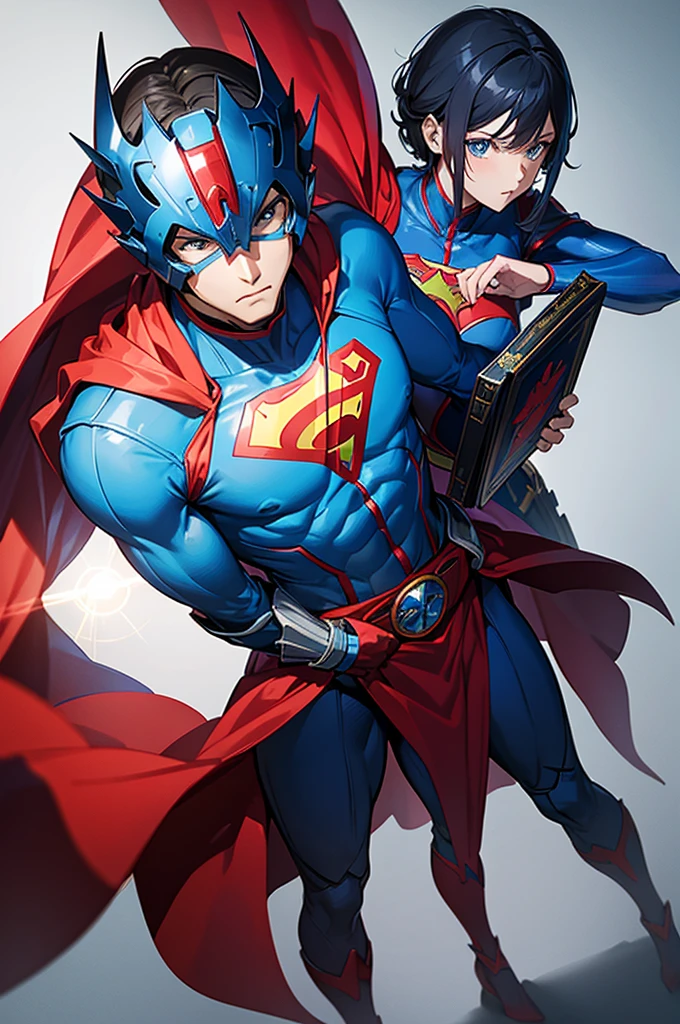 Wearing blue and red tights Superman costume,There is a Kamen Rider transformation belt on the waist,A helmet with a metal drill on it,He carries a magic book as big as a person on his back.
