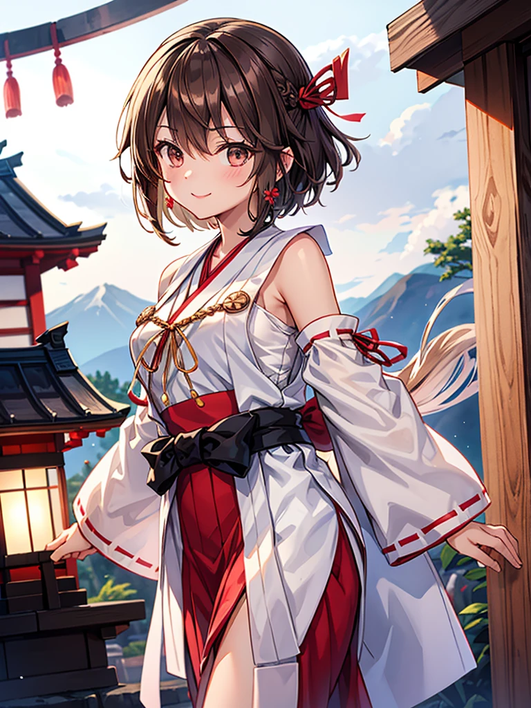 Miko Girl, Shining Black Eyes, Bright Smile, Bust C, Fluffy Brown Hair Short Hair ties a Japanese-style red ribbon on the right side, shrine maiden clothes have no sleeves, side milk, both The slit is open, white tabi,