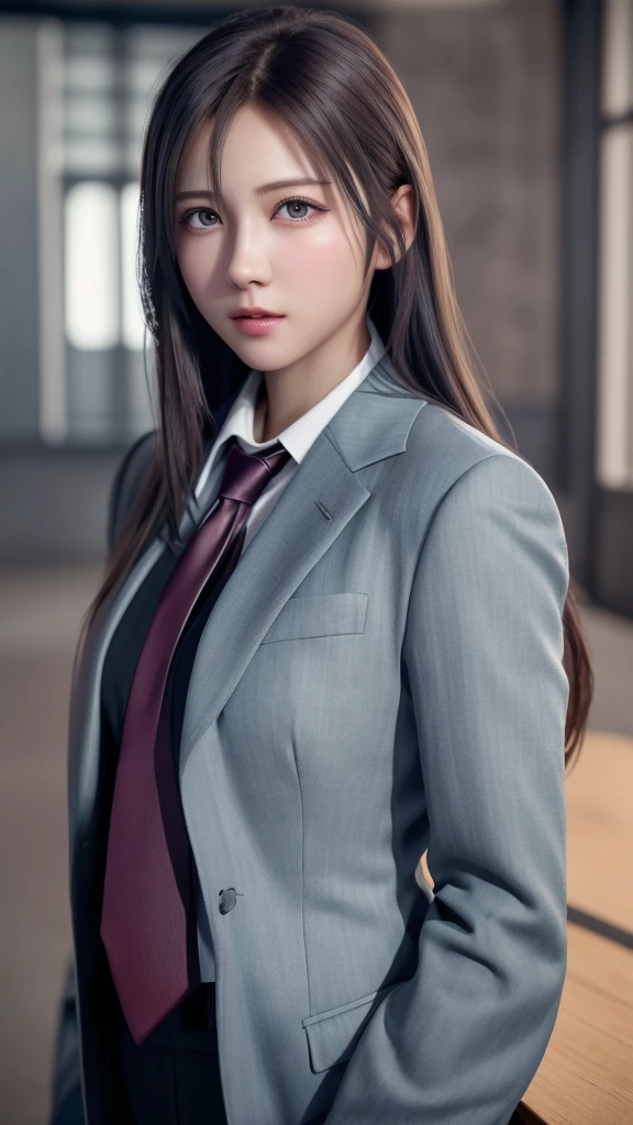 8K, Highest quality, Tabletop:1.2), (Realistic, Photorealistic:1.37), Highest quality, Tabletop, Beautiful young woman, Pensive expression,、attractive、そしてattractive表情, Recruitment Suit, Tie your hair back, Movie Background, Light skin tone