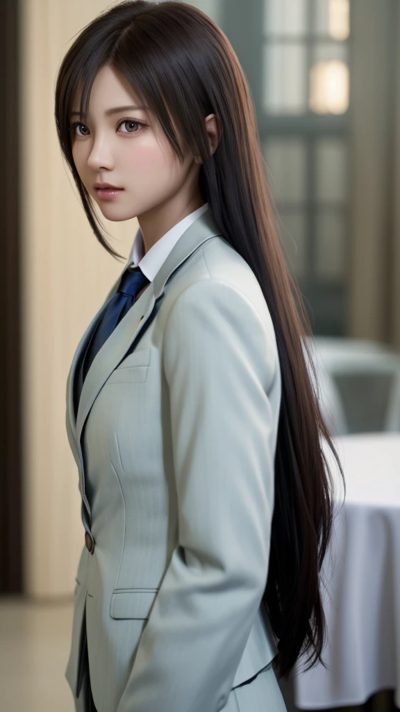 8K, Highest quality, Tabletop:1.2), (Realistic, Photorealistic:1.37), Highest quality, Tabletop, Beautiful young woman, Pensive expression,、attractive、そしてattractive表情, Recruitment Suit, Tie your hair back, Movie Background, Light skin tone