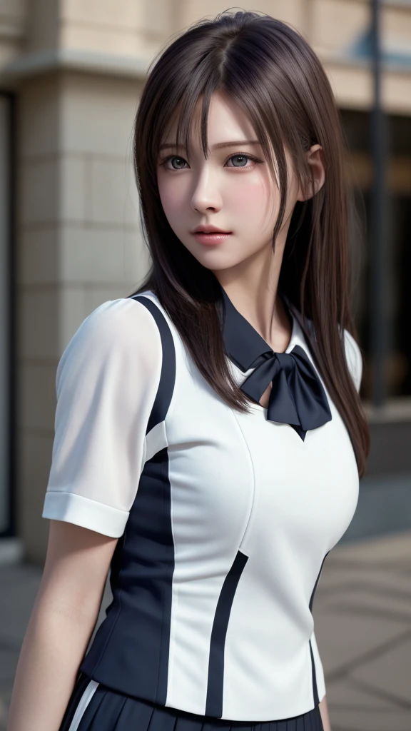 8K, Highest quality, Tabletop:1.2), (Realistic, Photorealistic:1.37), Highest quality, Tabletop, Beautiful young woman, Pensive expression,、attractive、そしてattractive表情, Recruitment Suit, Tie your hair back, Movie Background, Light skin tone