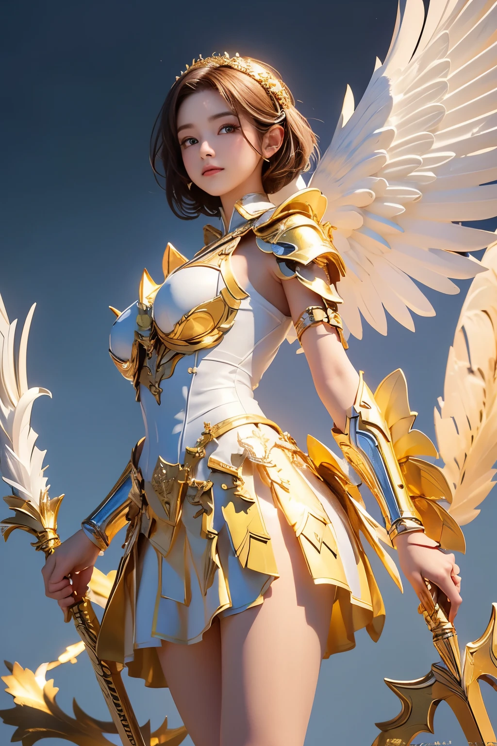 8K, masterpiece, ((angel of justice)),(Reflect the dizzying light on the blade), white feathers, Equipped with golden armor over a white dress,shining eyes,Holly gold colored background, wrap skirt,