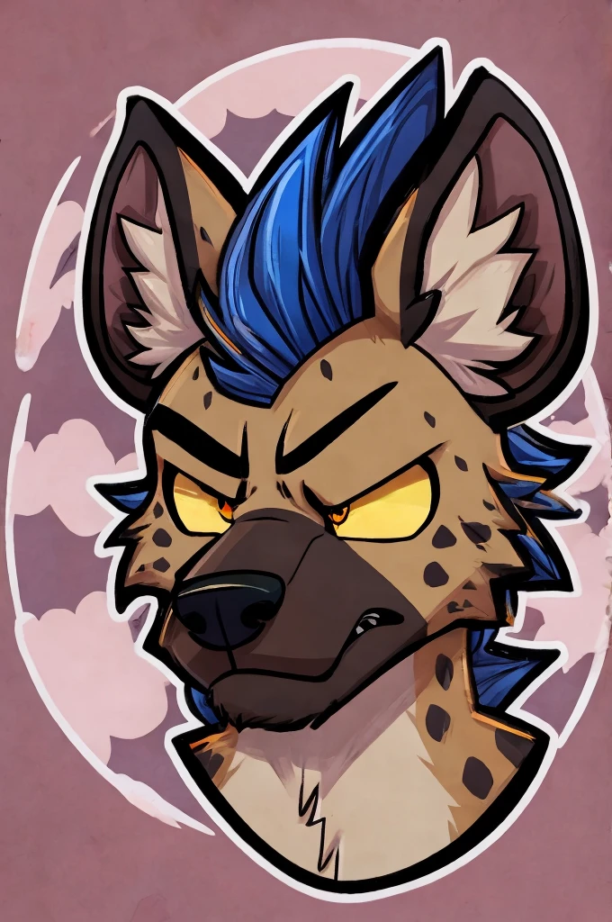 simple sticker art of a grumpy hyena with a grey cloud above his head. yellow sclera