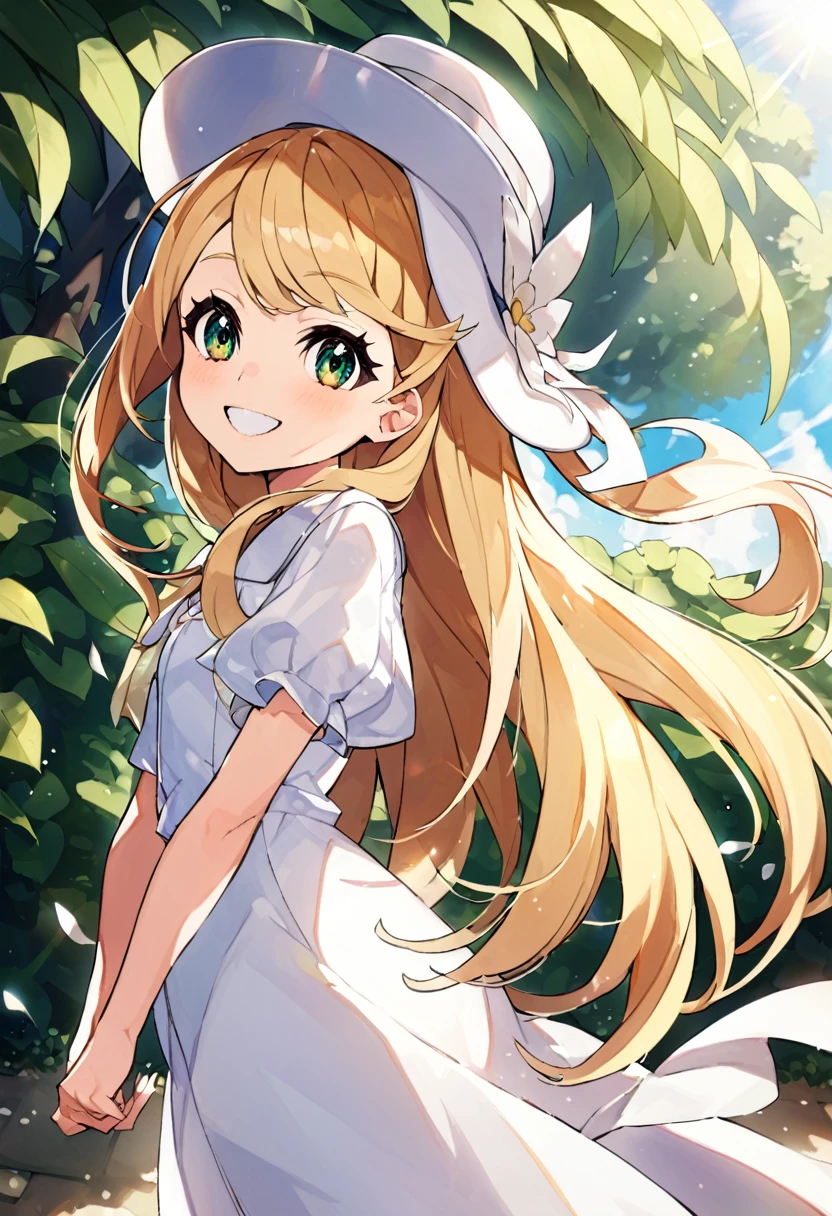 ```
1girl, blonde hair, long hair, green eyes, white hat, white dress, pokemon, lillie (pokemon), cute, smiling, outdoors, sunlight, high quality, detailed
```