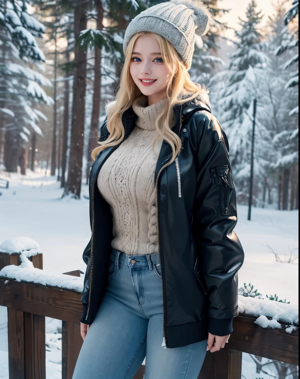 1girl, (Blue Eyes), (smiling :1.2), (Sana Minatozaki), (big tits), big ass, wide hips, thin waist, thick thighs, toned legs, strong abs, (Best Quality, 8k, Masterpiece: 1.3), Clear Focus: 1.2, Perfect Body Beauty: 1.4, Highly detailed face and skin texture, detailed eyes, double eyelids, (shiny skin :1.2), (long blonde straight hair :1.2), (long sweater :1.2), (Warm winter jacket :1.3), (jeans :1.1), (wool hat :1.2), standing, Dynamic pose, On a snowy mountain, snowing, cabin with pine trees in the background
