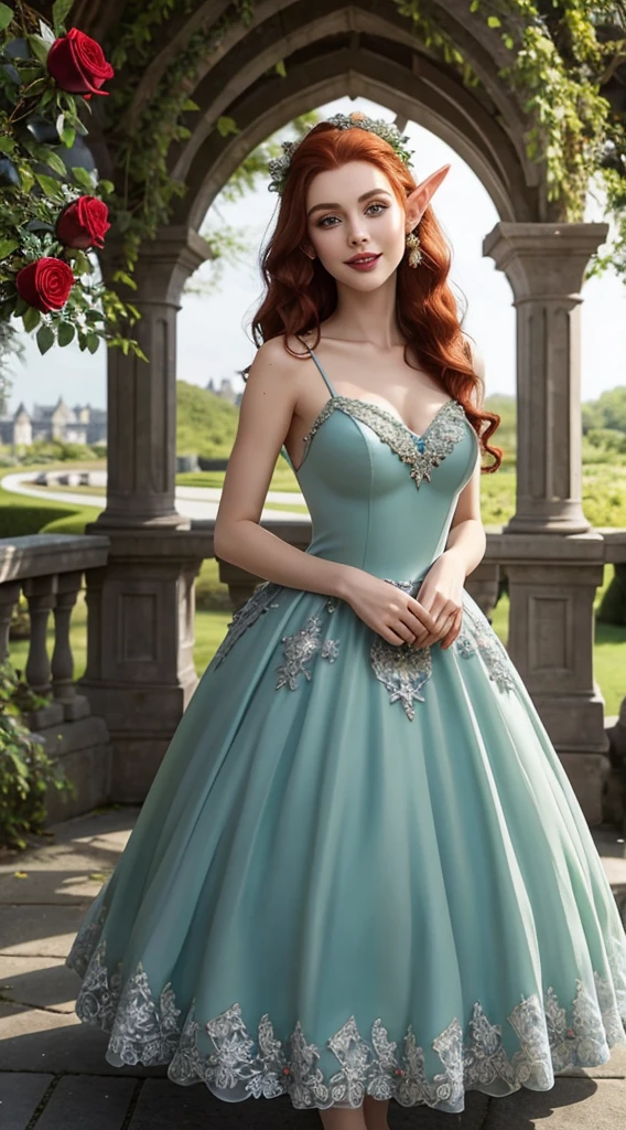 sexy, (seductivesmile:1.1), spellcasting, mysteriousatmosphere, (fantasy:1.4), florest scenery, (edgfd ballgown:1.5), (fantasy dress:1.1), (long dress:1.1), (ballgown with a lot of roses:1.1), hearts, flowers,, (masterpiece, high quality, best quality:1.3), extremely detailed, extremely intricate, realistic, hyperrealistic, fine texture, Extremely high-resolution details, 25 year old young, (elf, pointy ears:1.12), (reddish hair:1.3), almond eyes, (green eyes), [long hair], [curly hair], (eye shadow:1.1), 162cm tall, oval face, snub nose, heart-shaped lips, (arched eyebrows), (skinny:1.1)