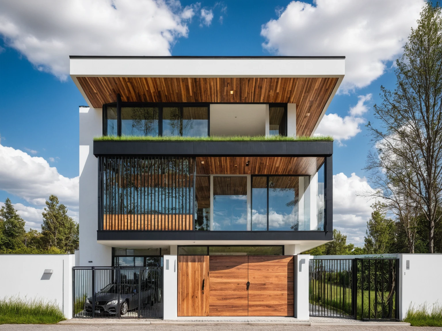 Raw photo, Masterpiece, high quality, best quality, authentic, super detail,
outdoors, house style modern, white wall, revolving wooden door, glass windows, canopy, car, black metal fence, glass railing,
road, grass, trees, sky, cloud, daylight:1.1), vivid colors, (realistic:1.2),