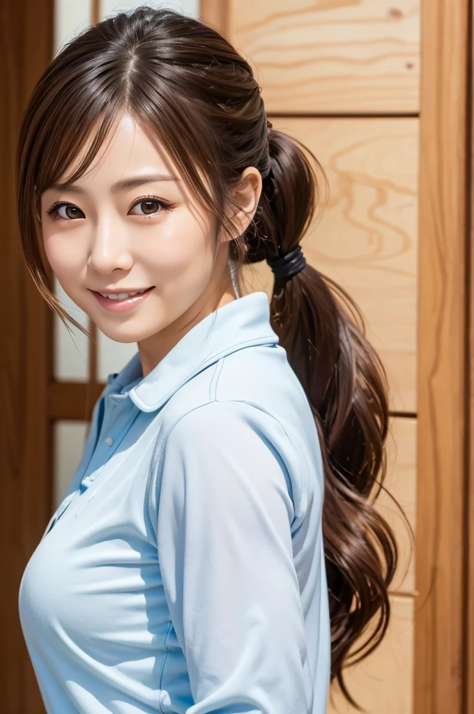 No sleeve, ponytail, Japanese Girls, 8K, Legal Photography, Highest quality, masterpiece, Realistic, Photorealistic ultra-detailed, One Girl, cute, The best smile, Beautiful Eyes, Long Hair, Perfect Face,