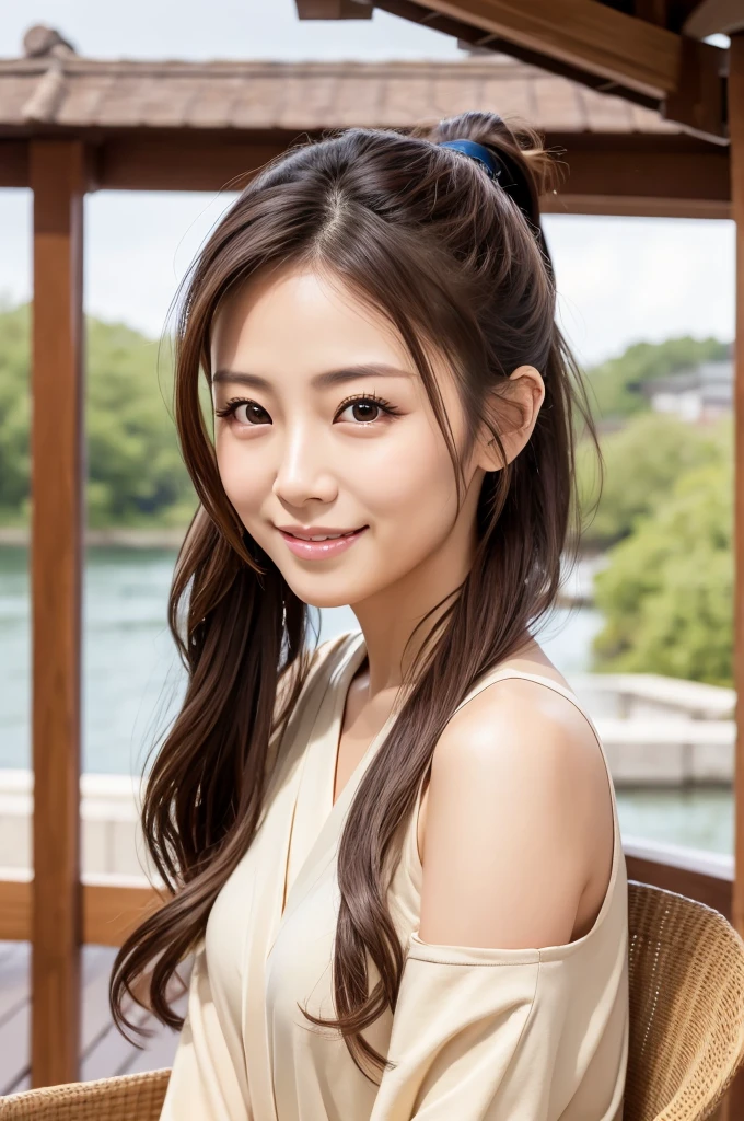 No sleeve, ponytail, Japanese Girls, 8K, Legal Photography, Highest quality, masterpiece, Realistic, Photorealistic ultra-detailed, One Girl, cute, The best smile, Beautiful Eyes, Long Hair, Perfect Face,