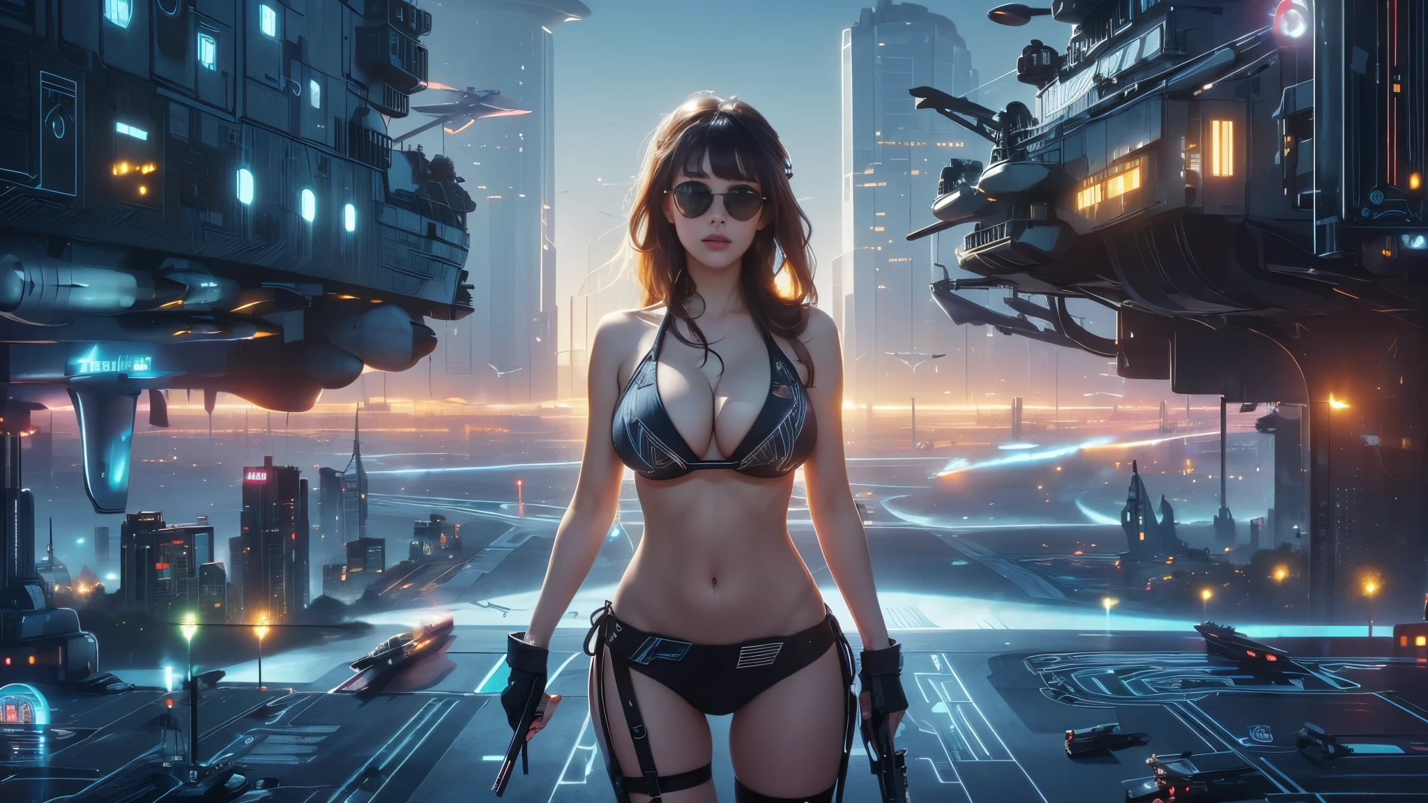 (((a large-breast bikini slim GIRL with black (micro) sunglasses))), (((((aiming at viewer with a pistol))))), a balcony of a futuristic building, aerial view of an ultra-futuristic megalopolis, metal buildings and houses in dark colors from dark blue to black, shades of metal gray, smoky metal structures, industrial environment with smoke and fog around, dark cars on the streets, desert megalopolis, modern metal rails and trains passing through, tall futuristic metal buildings, ultra modern buildings, (((((futuristic aircraft carrier))))), realistic, detailed, sci-fi.
