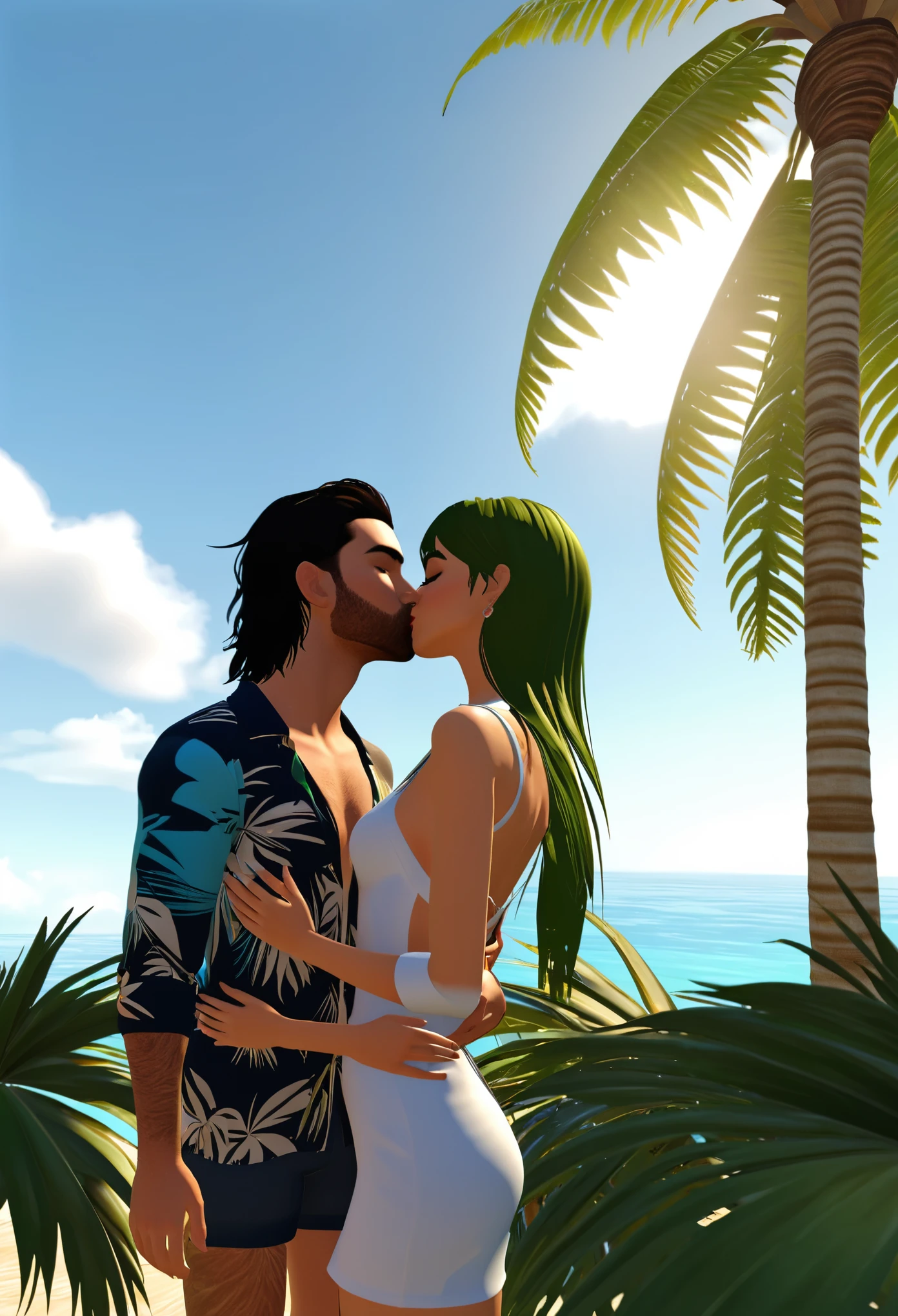 they are kissing each other in front of a palm tree, kissing together cutely, kissing together, kissing each other, couple kissing, the kiss, inspired by Bálint Kiss, second life avatar, kissing, palm trees in the background, at a tropical beach, vacation photo, run aground, beautiful screenshot, intertwined full body view, Tropical paradise