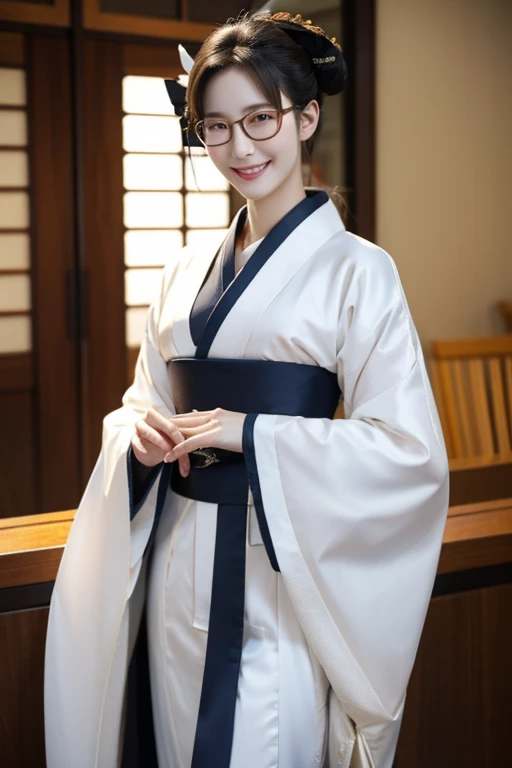 Highest quality、masterpiece、High sensitivity、High resolution、Detailed Description、Slender women、Slim Body、Glasses、Long-sleeved kimono、With a smile、