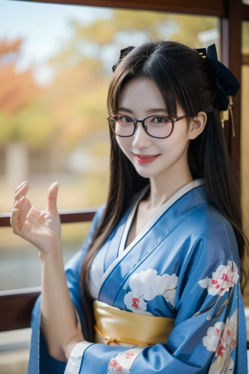 Highest quality、masterpiece、High sensitivity、High resolution、Detailed Description、Slender women、Slim Body、Glasses、Long-sleeved kimono、With a smile、