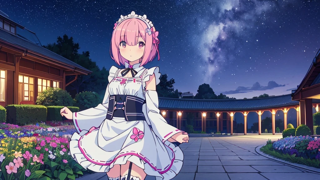Masterpiece, Best Quality, high resolution, ram1, 1 girl, Alone, ram \(re:zero\), pink hair, white thighs, short hair, Red eyes, hair over one eye, ribbon ornament, hair band, x hair ornament, , maid headdress, waist apron, garter straps, black tie, small breasts, long sleeves, White apron, Neckband, purple ribbon, wide sleeves, hair flower, beautiful garden at night with incredible starry night sky