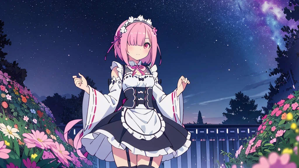 Masterpiece, Best Quality, high resolution, ram1, 1 girl, Alone, ram \(re:zero\), pink hair, white thighs, short hair, Red eyes, hair over one eye, ribbon ornament, hair band, x hair ornament, , maid headdress, waist apron, garter straps, black tie, small breasts, long sleeves, White apron, Neckband, purple ribbon, wide sleeves, hair flower,  beautiful garden at night with incredible starry night sky