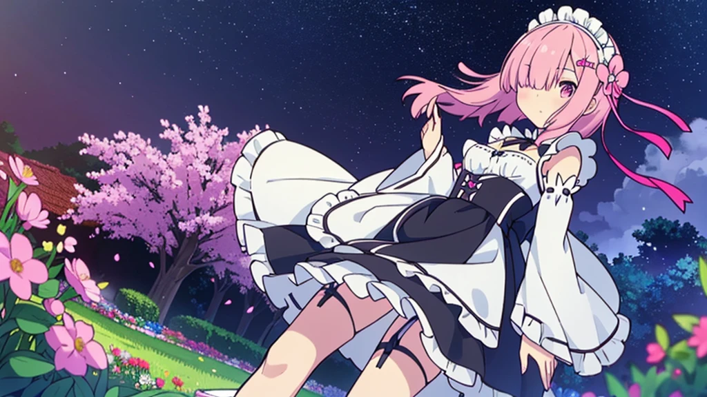 Masterpiece, Best Quality, high resolution, ram1, 1 girl, Alone, ram \(re:zero\), pink hair, white thighs, short hair, Red eyes, hair over one eye, ribbon ornament, hair band, x hair ornament, , maid headdress, waist apron, garter straps, black tie, small breasts, long sleeves, White apron, Neckband, purple ribbon, wide sleeves, hair flower, beautiful garden at night with incredible starry night sky