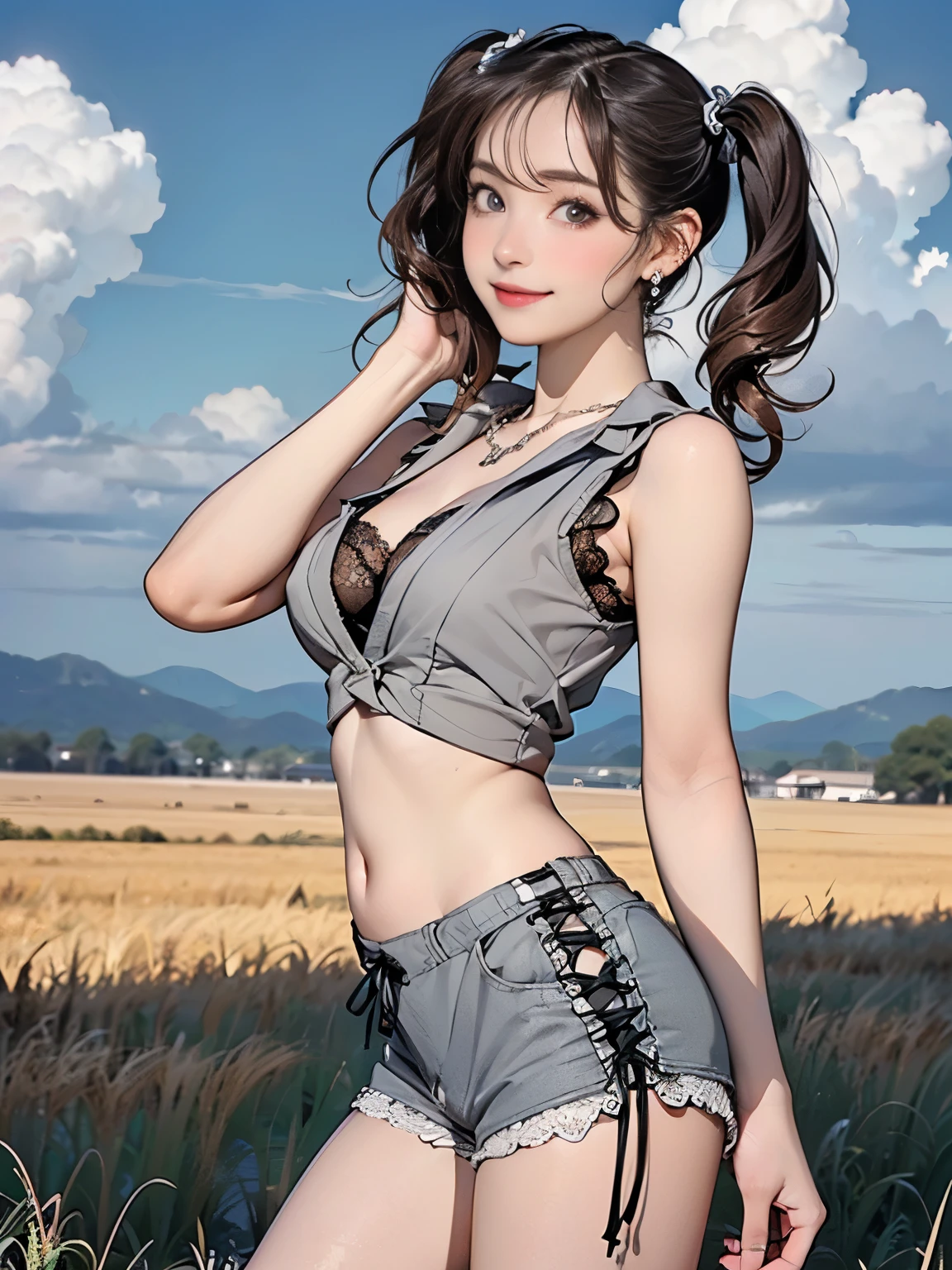 ((((Highest quality))))、(((Ultra-precision CG16K wallpaper)))、(((masterpiece)))、(((Super detailed)))、(((Extreme detail)))、((１Mature 29 year old woman:1.6))、((Very beautiful Japan face of a person))、((Urizane Face:1.8))、((Soft wavy twin tail hair:1.6))、(Shiny Hair)、A delicately drawn beautiful face、Dark Eyes、double eyelid、High nose、Small nostrils、Small Mouth、Seductive lips、Beautiful breasts、((C cup size breasts))、Cleavage、Small belly button、Delicate nails、Beautiful feet、Thin thighs、eight-headed body、Perfect proportions、Perfect Anatomy、Perfect composition、Beautiful detailed shading、Beautiful, natural lighting、Beautiful detail glow、Depth of written boundary、(((High chroma)))、(((Real:1.9)))、((vivid:1.5))、((Beautiful Skin))、((Skin Texture))、((Realな皮膚感))、(((Cowboy Shot:1.6)))、(((front view、shoot from front、front low angle:1.6)))、(((smile:1.6)))、(((looking at viewer:1.6)))、Bright daylight、Natural light、(((background_Grass Square、Mountain、Sky and Clouds:1.4)))、(Yoga poses:1.6)、(((Grey sleeveless lace-up shirt&Low rise mini yoga shorts clothing:1.6)))、((necklace、Wearing earrings:1.5))、((Lace Stockings Clothed))、