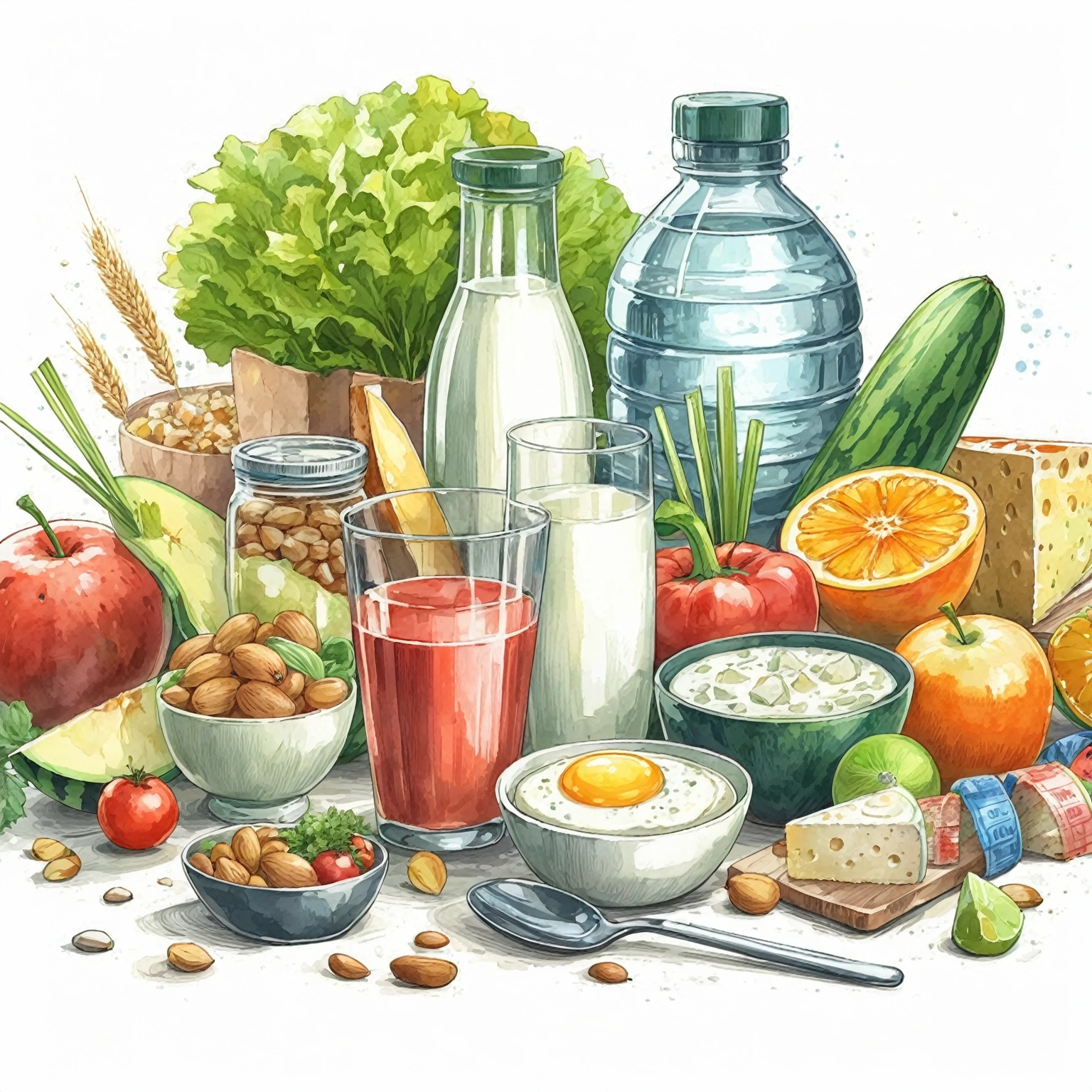 ((masterpiece)), ((best quality)), Healthy food illustration. gouache watercolor style, vibrant color, there are various fresh food in composition, juice, infused water, milk, orang juice, tomato juice, a toasted egg, oath, wheat, triangle cheese, melon, apples, avocadoes, orange, onion, potatoes, bread, glass of mineral water, fresh meat, chicken meat, melon, watermelon, paprika, orange, lettuce and many other, 8k, vibrant color, against brilliant white background, isolated in white
