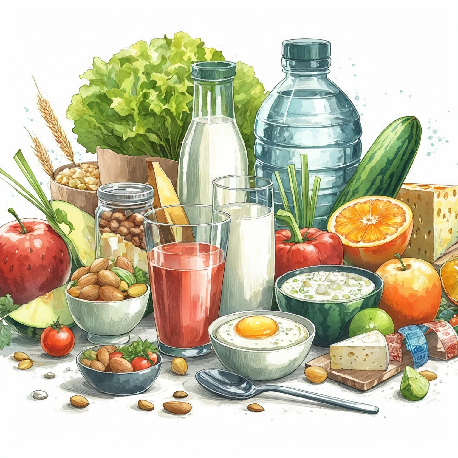 ((masterpiece)), ((best quality)), Healthy food illustration. gouache watercolor style, vibrant color, there are various fresh food in composition, juice, infused water, milk, orang juice, tomato juice, a toasted egg, oath, wheat, triangle cheese, melon, apples, avocadoes, orange, onion, potatoes, bread, glass of mineral water, fresh meat, chicken meat, melon, watermelon, paprika, orange, lettuce and many other, 8k, vibrant color, against brilliant white background, isolated in white