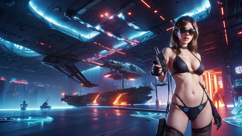 (((a large-breast bikini slim GIRL with black (micro) sunglasses))), (((((aiming at viewer with a pistol))))), a balcony of a futuristic building, aerial view of an ultra-futuristic megalopolis, metal buildings and houses in dark colors from dark blue to black, shades of metal gray, smoky metal structures, industrial environment with smoke and fog around, dark cars on the streets, desert megalopolis, modern metal rails and trains passing through, tall futuristic metal buildings, ultra modern buildings, (((((futuristic aircraft carrier))))), realistic, detailed, sci-fi.