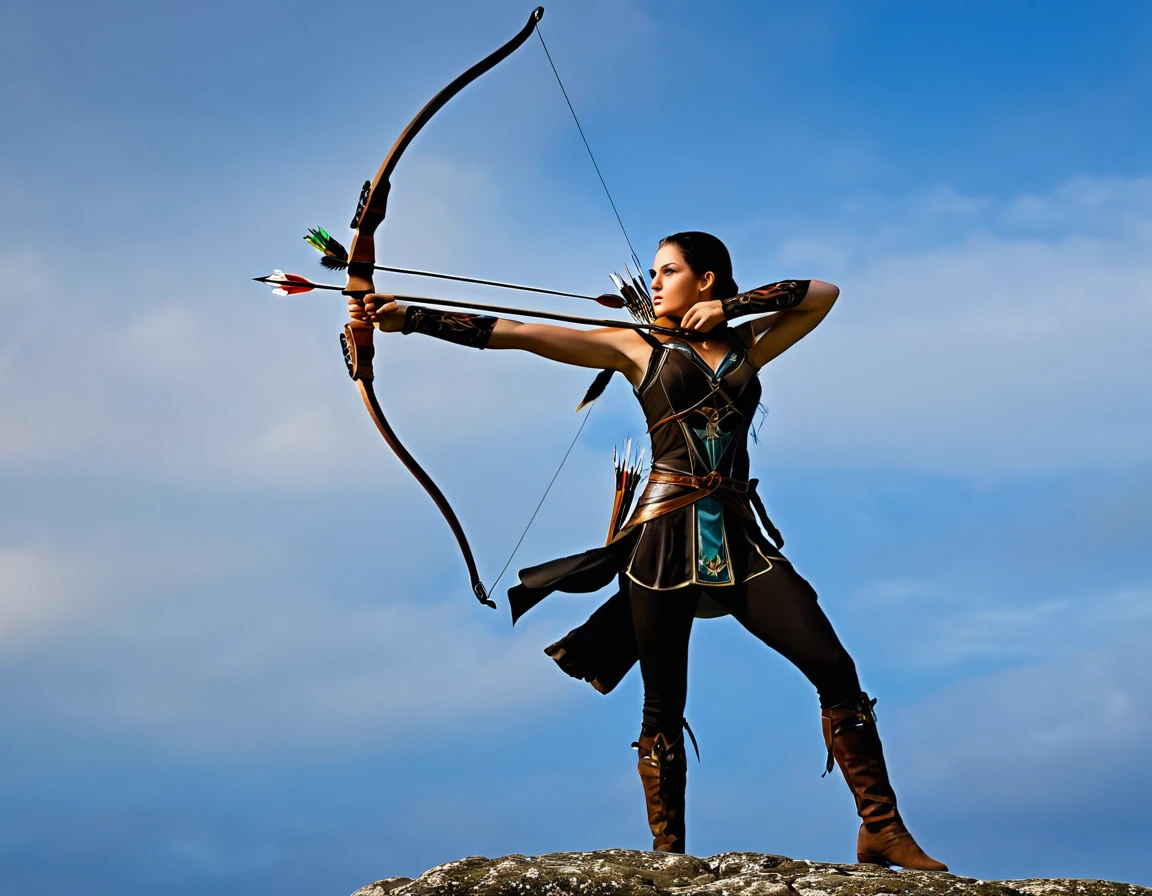 An elegant archer soars into a radiant sky, a single bow drawn by hand,  an arrow has just been released,  Side view , pose dynamique , bouche ouverte elle hurle sa rage de vaincre , archeress 