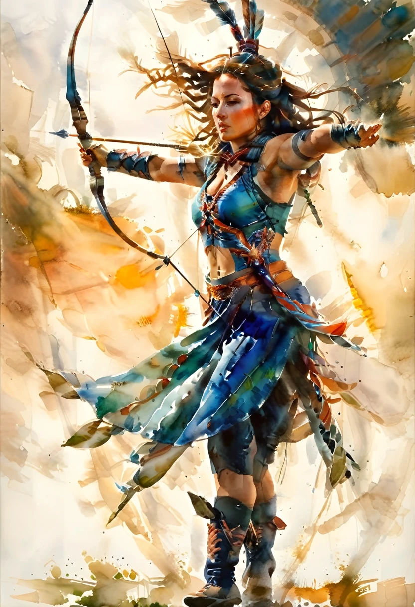 a watercolor illustration of a female archer, silhouette artwork, as the sun rises, fantasy art, ), sunrising behind the archer, ready to act,  ultra feminine, with a long curvy hair, dynamic bow sting drawn to the cheek , arrow ready to be shot, arrow tip glimmers, sunrays, divine rays, high details, best quality, 16k, [ultra detailed], masterpiece, best quality, (extremely detailed), dynamic angle, traditional watercolor painting, Aiming a Bow, bow (weapon)