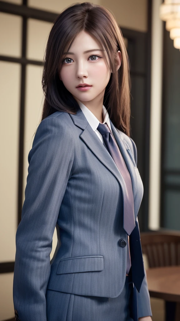 8K, Highest quality, Tabletop:1.2), (Realistic, Photorealistic:1.37), Highest quality, Tabletop, Beautiful young woman, Pensive expression,、attractive、そしてattractive表情, Recruitment Suit, Tie your hair back, Movie Background, Light skin tone