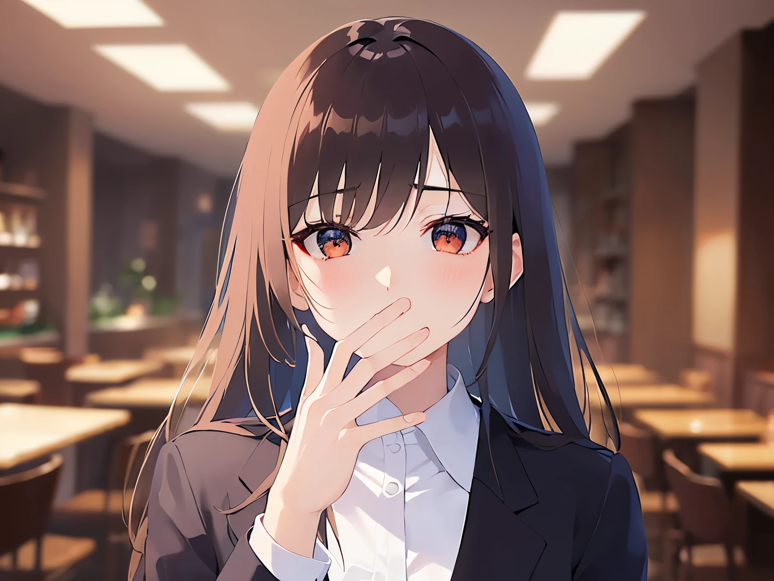 looking at viewer,Covering mouth with hands、
Realistic, real person, (pale skin: 1.2), RAW photo, photorealistic, shiny skin, shiny hair、 (A 35-year-old woman with medium-length hair and bangs) and (wavy hair) and (brown hair) and (Orange Eyes) (Wearing a business suit:1.5) and (Wearing a white collared shirt)
blush ,amazed、The background is the interior of a restaurant at night.、Alone、Wearing a black jacket、Cover your mouth with your hand