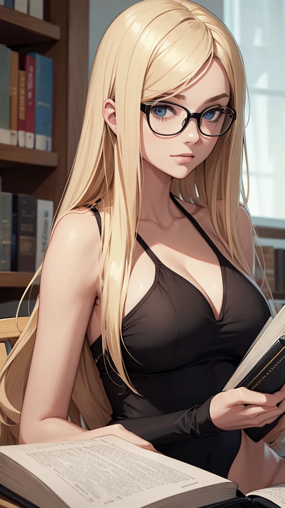 blonder woman, reading a book, wearing glasses, and in a black swimsuit