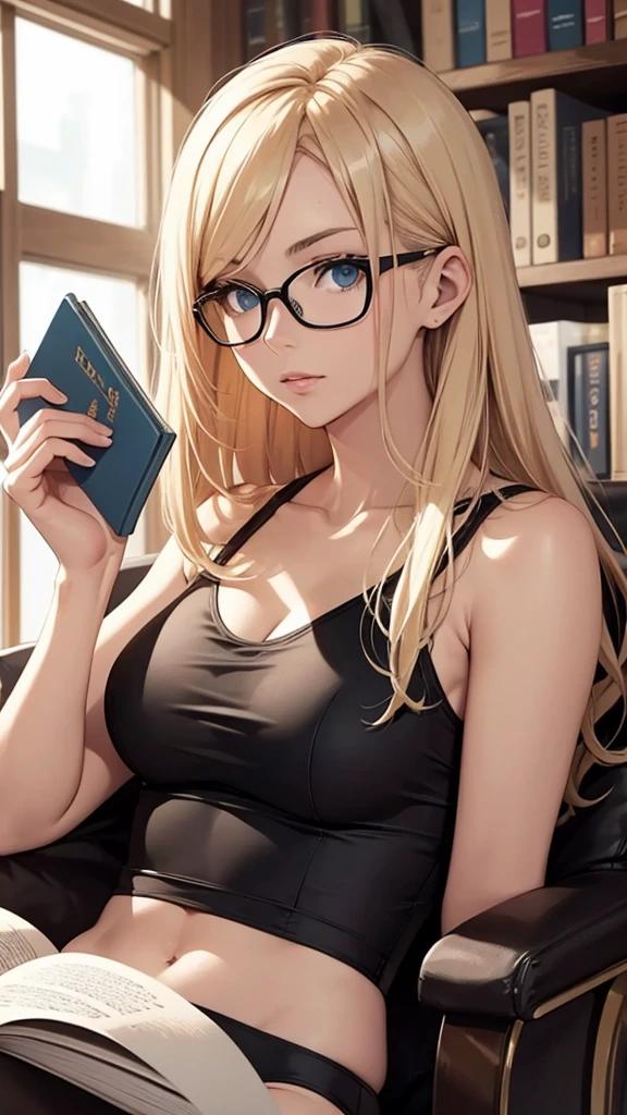 blonder woman, reading a book, wearing glasses, and in a black swimsuit
