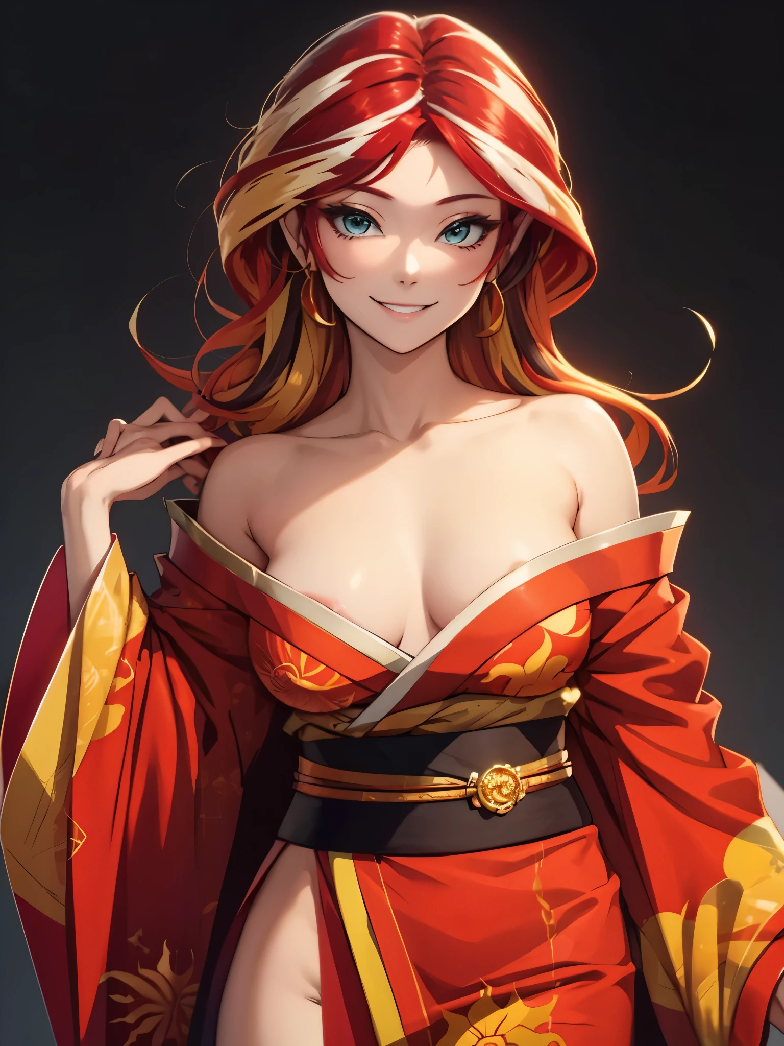 sunsethuman, female, two tones of hair, red and yellow hair, smiling, medium breasts, kimono, off shoulder