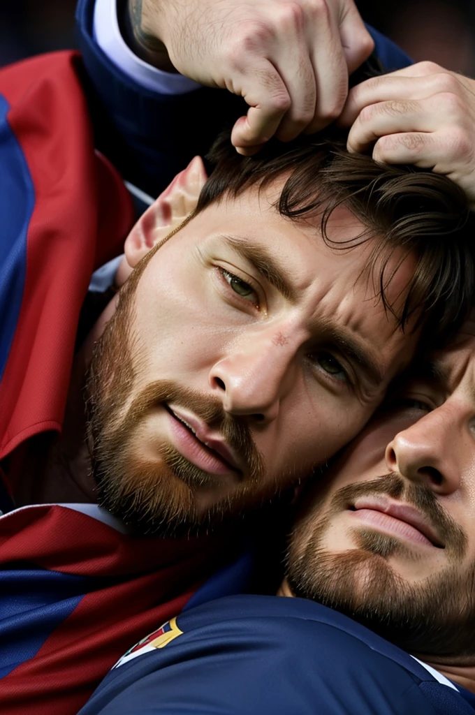 Make a picture where Lionel Messi is dead and many people are crying next to him