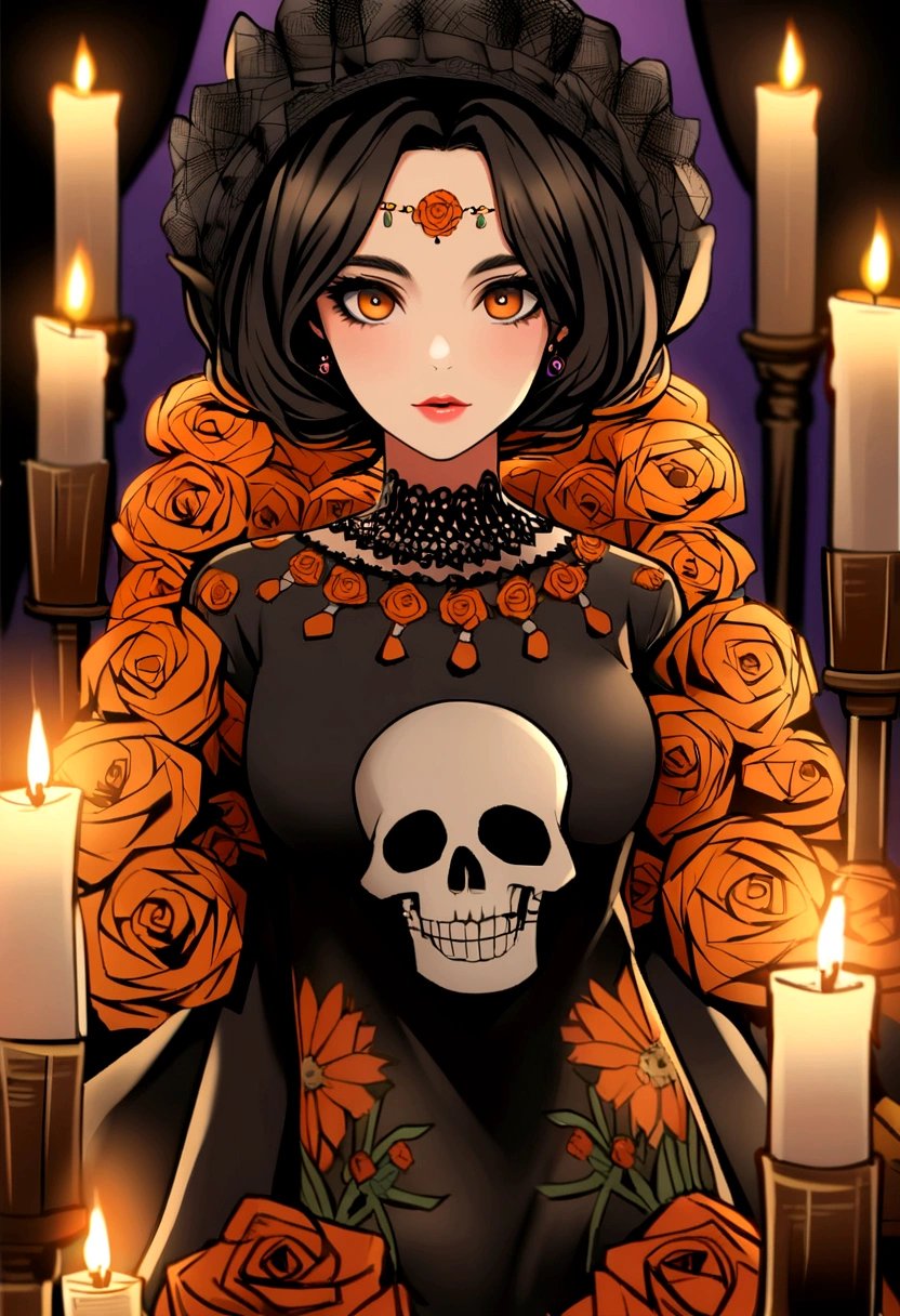 Artistic close-up photograph of a beautiful woman characterized as a catrina, skull face, incorporating elements of traditional Mexican art and modern design, elegant black catrina dress with orange floral elements, Ao fundo, you can see a night cemetery full of lit candles and orange flowers,  Candlelight is reflected on the model, The photograph was taken with a Nikon D850 SLR camera