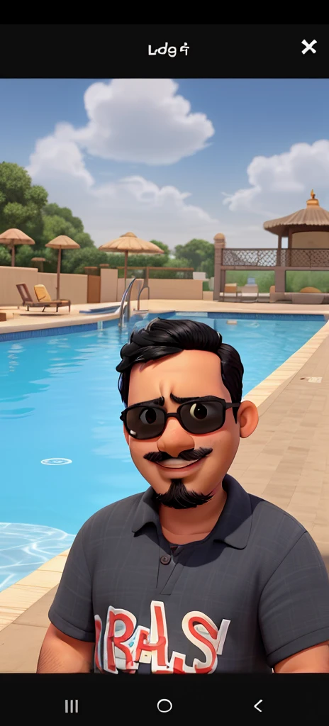 Boy with eyes, a little bit overweight, black hair, beard and mustache, dark skin, wearing sunglasses, on the edge of the pool on a sunny day, features of an Indian prince, round face, slightly protruding cheekbones, smiling at the photo.