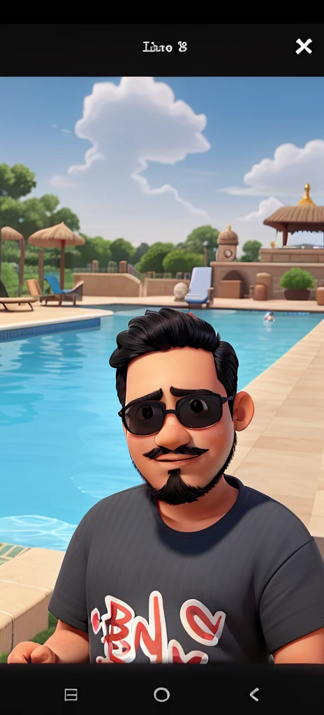 Boy with eyes, a little bit overweight, black hair, beard and mustache, dark skin, wearing sunglasses, on the edge of the pool on a sunny day, features of an Indian prince, round face, slightly protruding cheekbones, smiling at the photo.