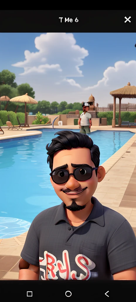 Boy with eyes, a little bit overweight, black hair, beard and mustache, dark skin, wearing sunglasses, on the edge of the pool on a sunny day, features of an Indian prince, round face, slightly protruding cheekbones, smiling at the photo.