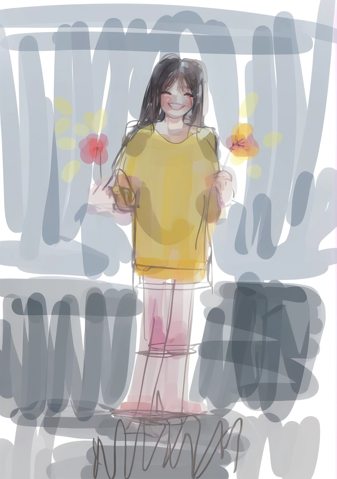 hyundai, night view, night, The Dark Sea, fireworks sticks, cement ground, Prompt young woman, standing posture, smiley face, long straight hair, skinny body type, Loose yellow t-shirt, fireworks sticks을 든 손, bare legs, Barefoot, backlight, real object,
