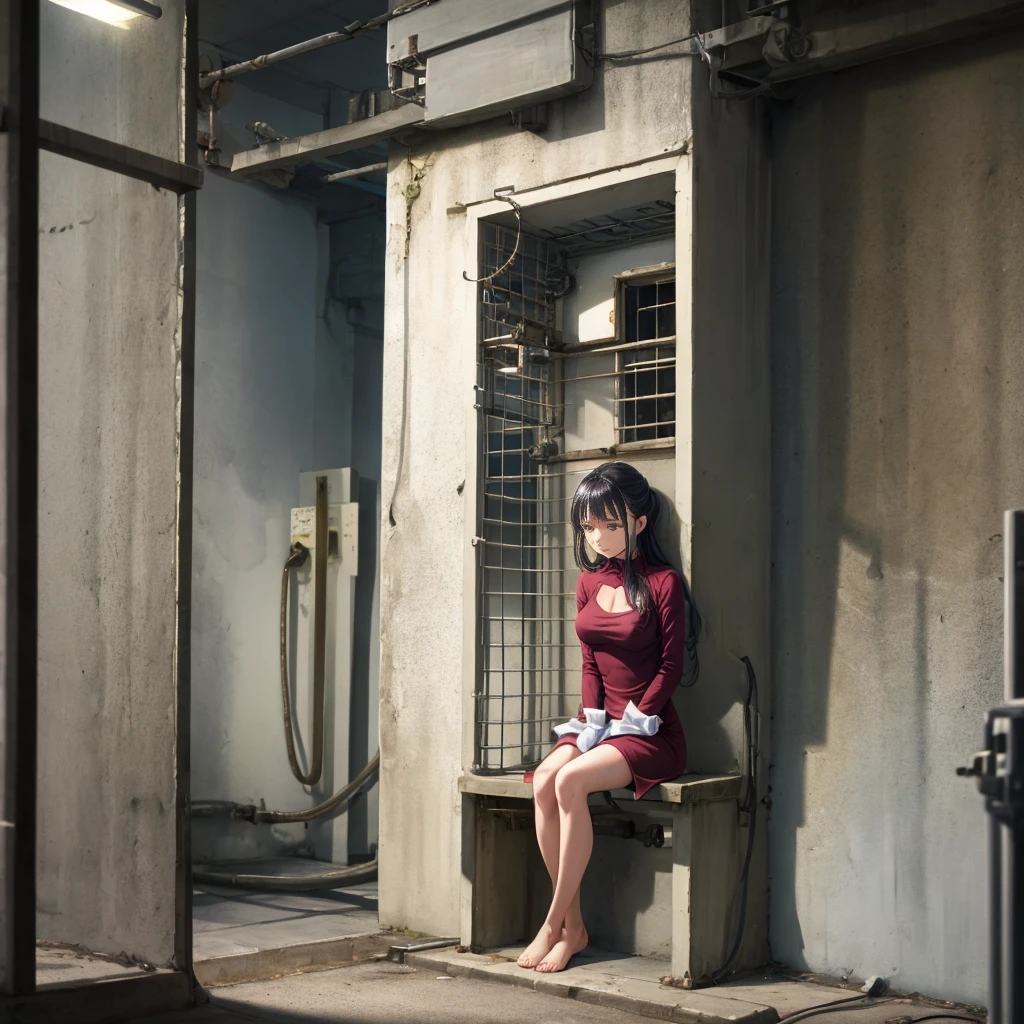 In the depths of the prison, a woman sits in her cell, her arms bound and her legs folded in an M-shape. The cold, damp walls seem to mock her, a constant reminder of her captivity. She longs for , but for now, all she can do is sit and wait, her mind consumed with thoughts of escape.