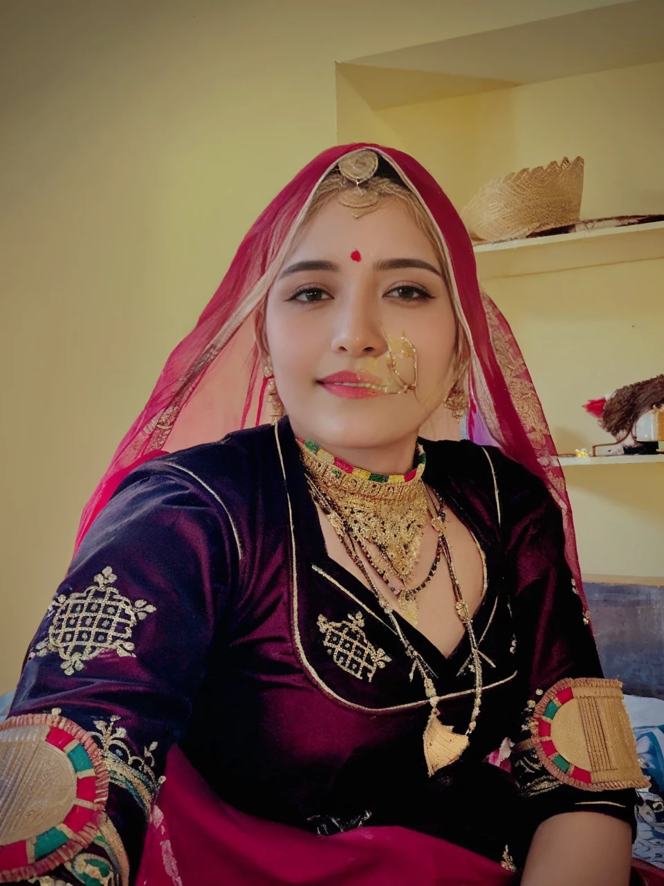 Close up, 24 year old indian woman, Bridal Red silky satin saree, White skin, long dense braided hair, Corn forming Fields landscapes background, ultra realistic, realism, cute, charming, day time, tattooed body, medium height, big eyes, pure Indian style saree, ambient lighting, perfect anatomy, detailed body and face, 8K, Masterpiece, RAW photo, Best quality, Photorealistic, Extremely detailed CG Unity 8K wallpaper, Noval Showing, Most Beautiful smile, ((smile:1.2)), very hot look eyes, Beautiful Smile