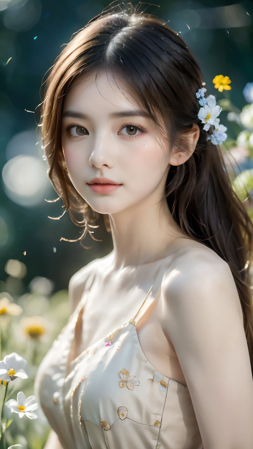 (best quality,masterpiece:1.2,ultra-high resolution,upper body,realistic,beautiful girl,girl in a flower field,detailed eyes,elaborate,pale skin,bokeh)