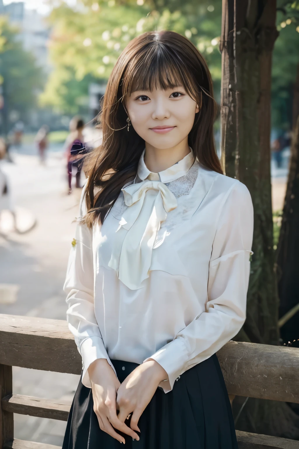 ((from below:1.5)), ((whole body:1.5)), (ultra detailed), (masterpiece), (best quality), Highest quality, Realistic, Surreal, Highest quality, Extremely detailed CG, Very delicate and beautiful, 16k wallpaper, High resolution, 1 Girl, 38歳の日本people々woman, (small eyes:1.5), ((Two very small moles on my right cheek:1.5)), (Skin dents), Medium Chest, (bright), (Professional Lighting), (On University Campus), people々, Long Hair, (bangs:1.5), (blouse:1.5), (I wore it:0.8), Nice, bloom, Floating Hair, (Dynamic pose:0.6), Chaoyang, bench, Sitting, Spread your legs, (Shy Smile:1.2), Thin lips, slim, (Highly detailed face), (Highly detailed facial expressions), (Face the front completely:1.5), ((Looking into the camera:1.5)), Slender body, Large file size,