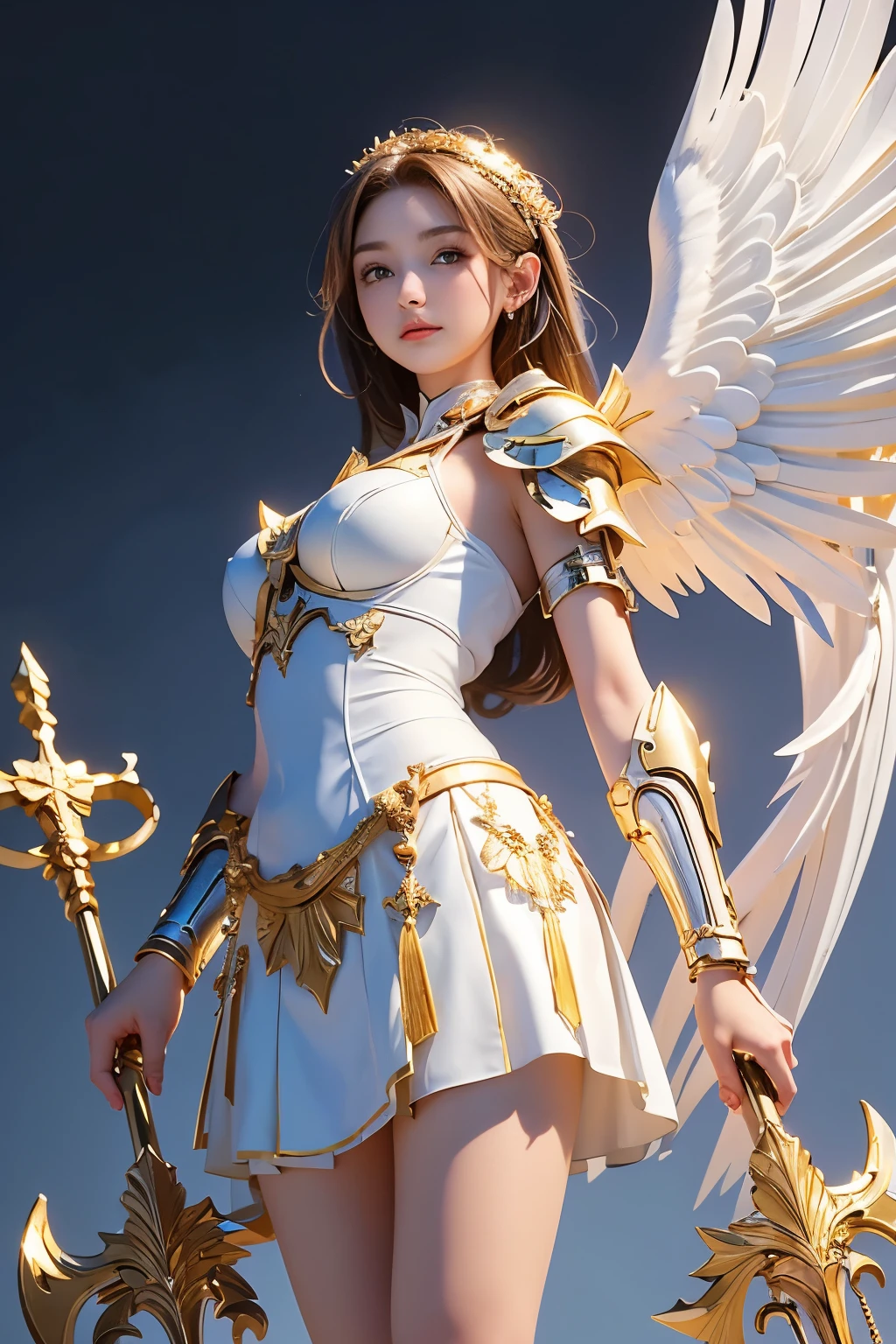 8K, masterpiece, ((angel of justice)),(Reflect the dizzying light on the blade), white feathers, Equipped with golden armor over a white dress,shining eyes,Holly gold colored background, wrap skirt,