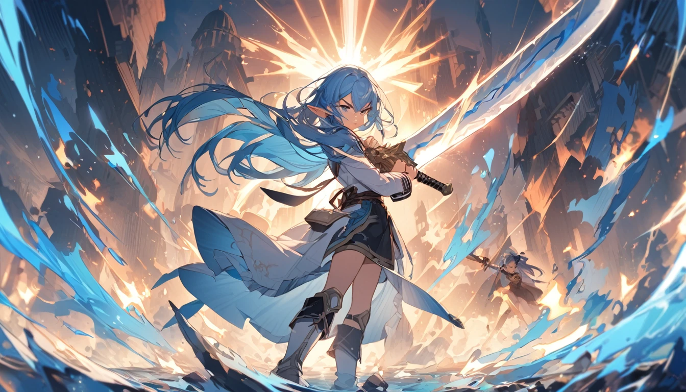 Elf girl fighting with a big sword,Blue Hair,Different world