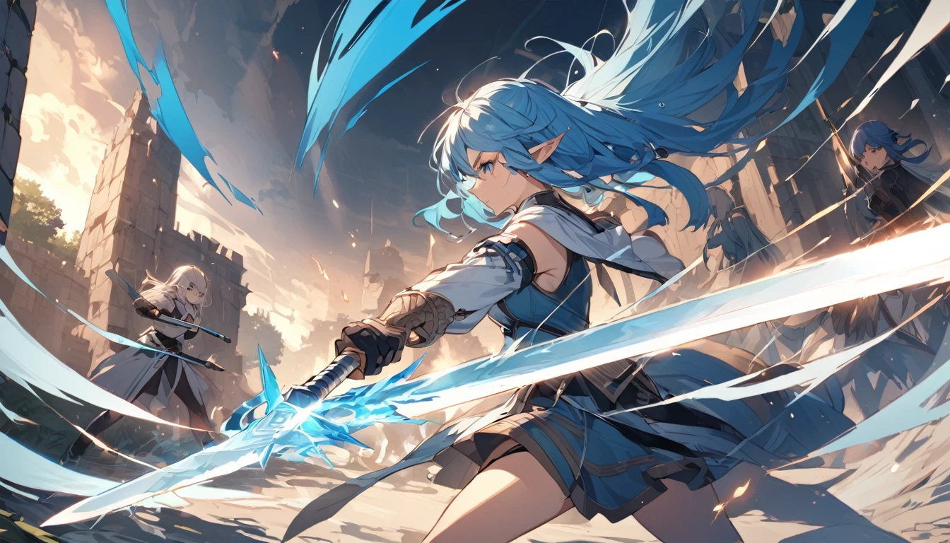 Elf girl fighting with a big sword,Blue Hair,Different world